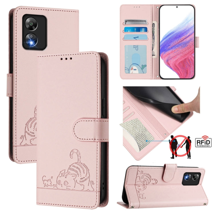 Funda de Cuero con Relieve RFID para Teléfono Boost Mobile Celero 5G con Cordón (Rosa)