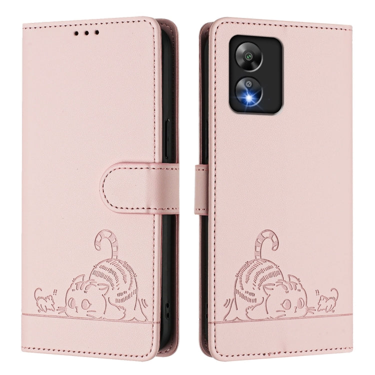 Funda de Cuero con Relieve RFID para Teléfono Boost Mobile Celero 5G con Cordón (Rosa)