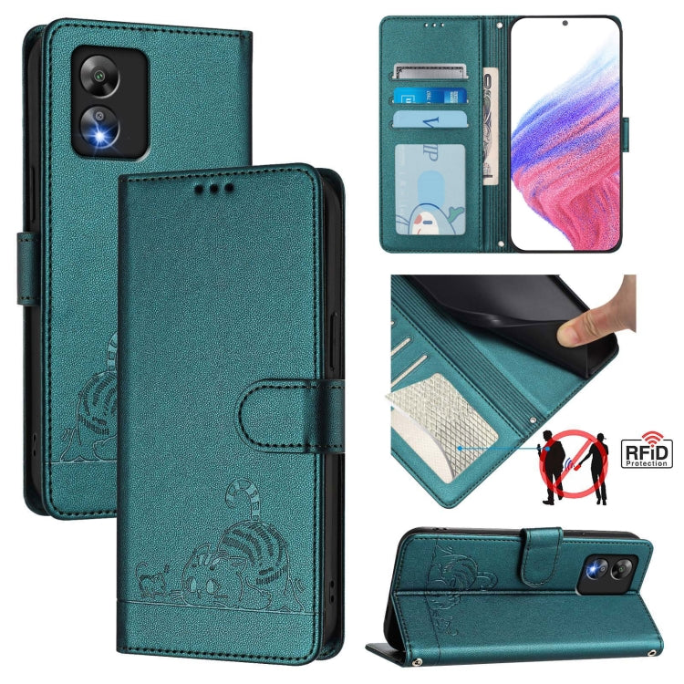 Funda de Cuero RFID con Relieve Gato y Rata para Boost Mobile Celero 5G SC con Cordón (Verde Pavo Real)