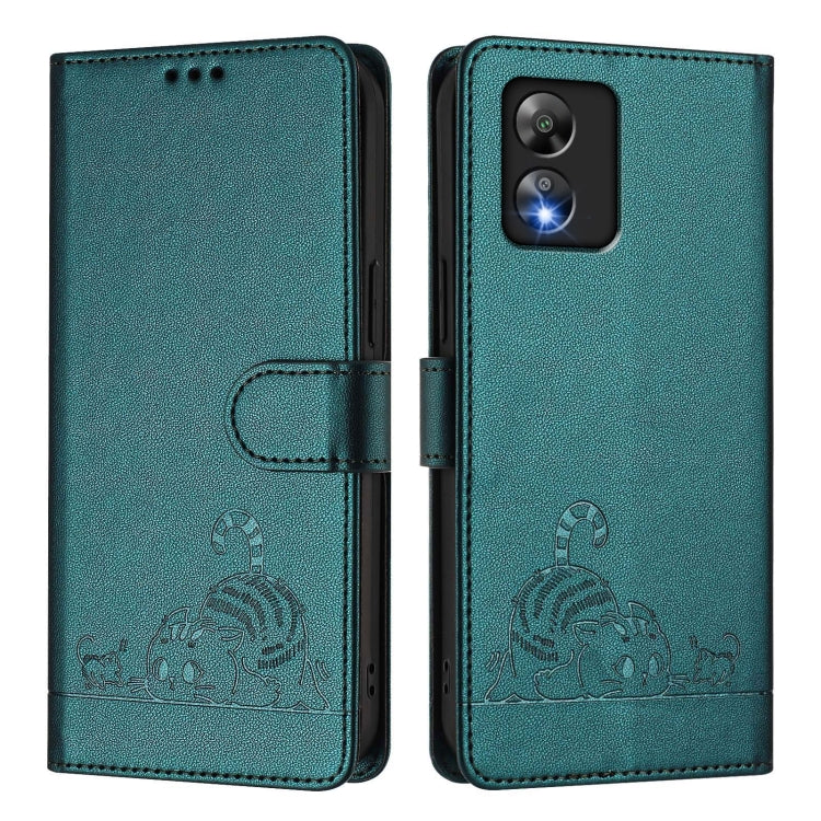 Funda de Cuero RFID con Relieve Gato y Rata para Boost Mobile Celero 5G SC con Cordón (Verde Pavo Real)