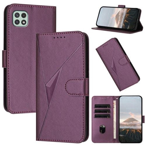 Funda de Cuero Samsung Galaxy A22 5G con Cierre de Hebilla y Diseño de Triángulos (Morado Oscuro)