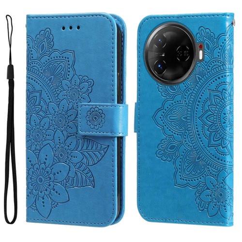 Funda de Cuero para Tecno Camon 30 Pro con Estampado de Flores de Siete Pétalos (Azul)