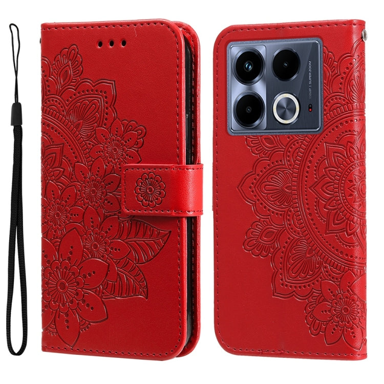 Funda de Cuero con Relieve Flores Siete Pétalos para Infinix Note 40 4G (Rojo)