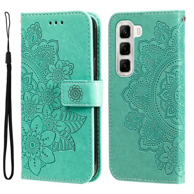 Funda de Cuero con Relieve de Flores Siete Pétalos para Infinix Hot 50 4G (Verde)
