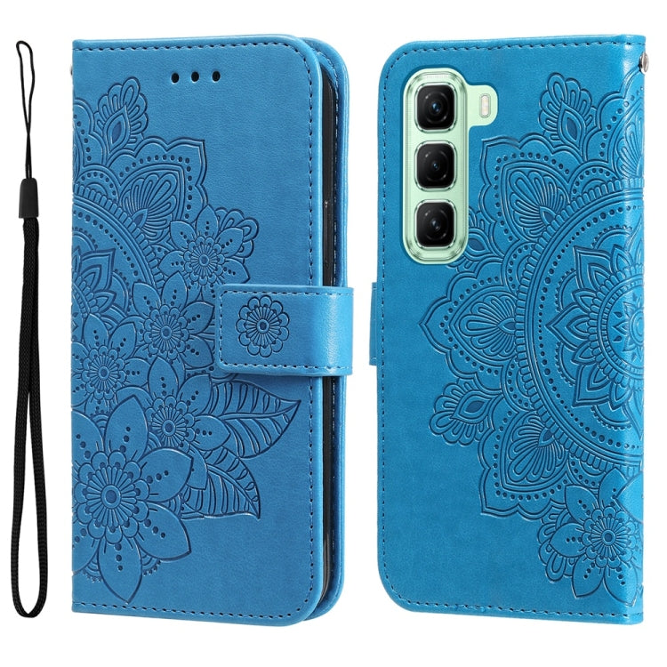 Funda de Cuero con Relieve de Flores Siete Pétalos para Infinix Hot 50 5G (Azul)