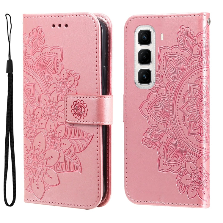 Funda de Cuero con Relieve Flores Siete Pétalos para Infinix Hot 50 Pro+ 4G (Oro Rosa)