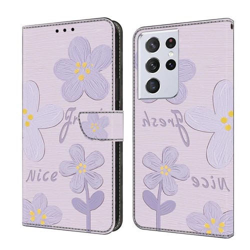Funda de Cuero Samsung Galaxy S21 Ultra 5G Pintada a Mano con Pequeñas Flores Lilas