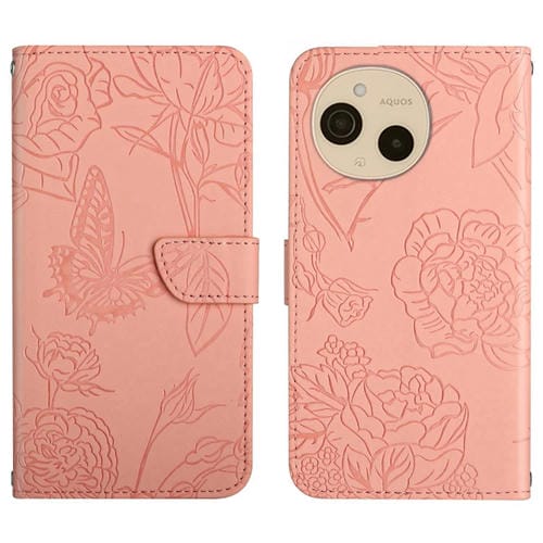 Funda de Cuero con Tapa para Sharp Aquos Sense9 Diseño Mariposas en Relieve (Rosa)