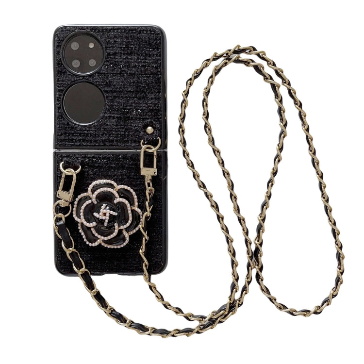 Funda para Teléfono Huawei P50 Pocket Camellia Plaid Fabric PC con Cordón Largo (Negro)