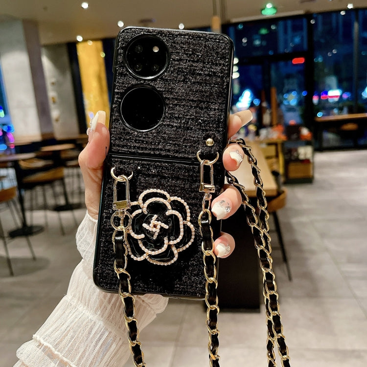 Funda para Teléfono Huawei P50 Pocket Camellia Plaid Fabric PC con Cordón Largo (Negro)