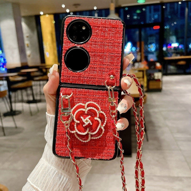 Funda para Teléfono Huawei P50 Pocket Camellia Plaid Fabric PC con Cordón Largo (Rojo)