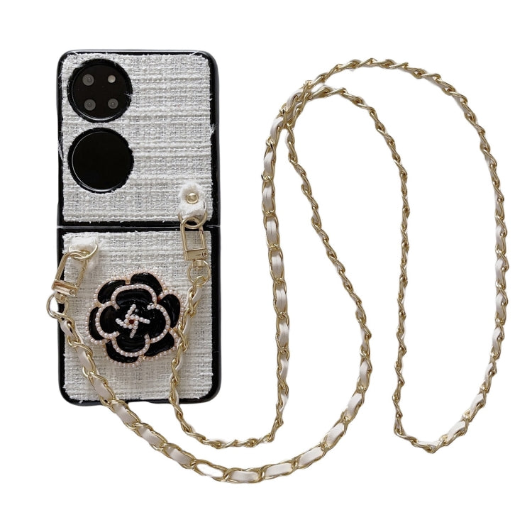 Funda para Teléfono Huawei P50 Pocket Camellia Plaid Fabric PC con Cordón Largo (Blanco)