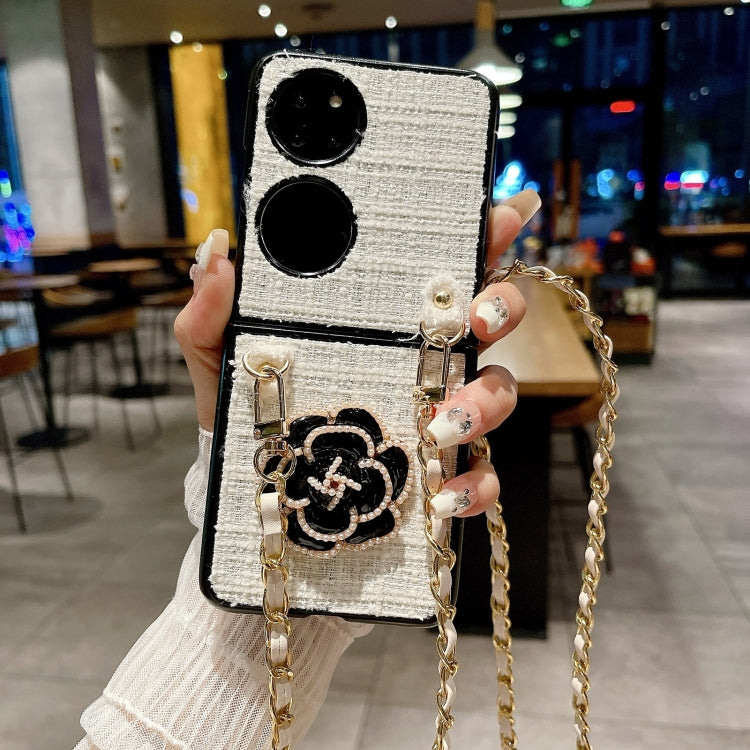 Funda para Teléfono Huawei P50 Pocket Camellia Plaid Fabric PC con Cordón Largo (Blanco)