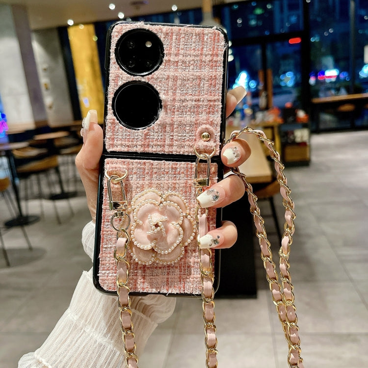 Funda para Teléfono Huawei P50 Pocket Camellia Plaid Fabric PC con Cordón Largo (Rosa)