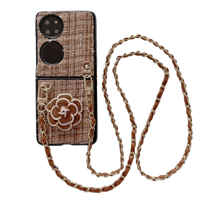 Funda para Teléfono Huawei P50 Pocket Camellia Plaid Fabric PC con Cordón Largo (Marrón)