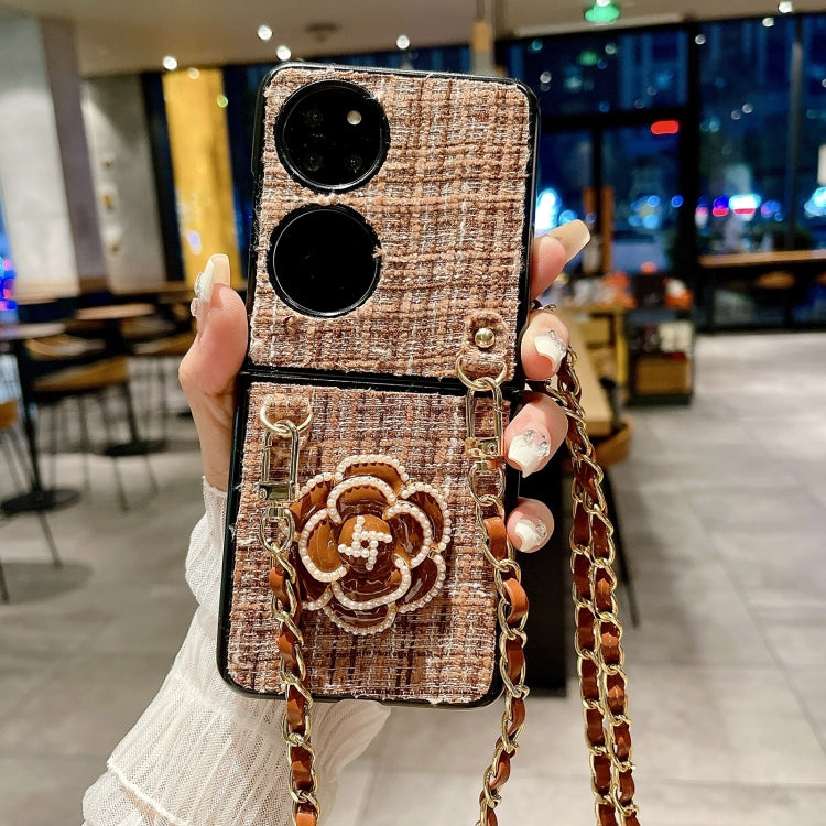 Funda para Teléfono Huawei P50 Pocket Camellia Plaid Fabric PC con Cordón Largo (Marrón)