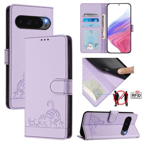 Funda de Cuero Rfid Google Pixel 10 Pro Xl 5G Global con Cordón Estampado Rata y Gato (Morado)