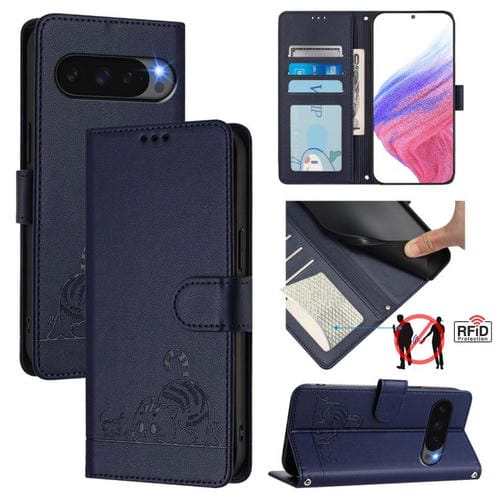 Funda de Cuero Rfid para Google Pixel 10 5G Global con Estampado de Rata y Gato en Relieve y Cordón (Azul)