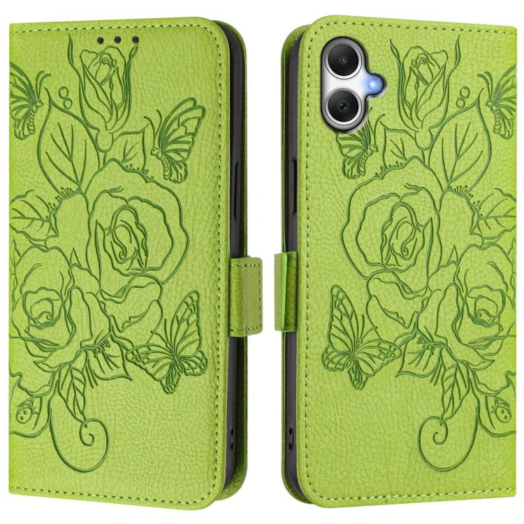 Funda de cuero antirrobo RFID con relieve rosa para Samsung Galaxy A07 4G (verde)