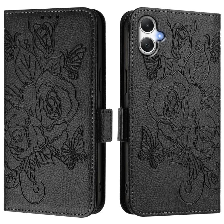 Funda de cuero antirrobo RFID con relieve rosa para Samsung Galaxy A07 4G (negra)