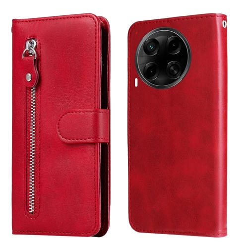 Funda de Piel Sintética con Cremallera para Tecno Camon 30S y Camon 30S Pro (Roja)