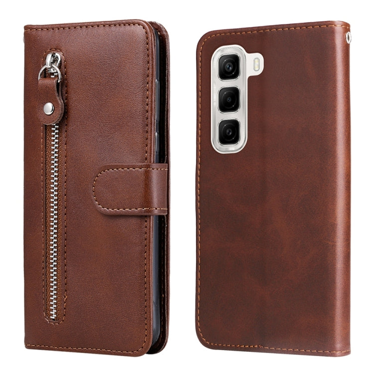 Funda de Piel Textura de Becerro con Cremallera para Infinix Hot 50 4G (Marrón)