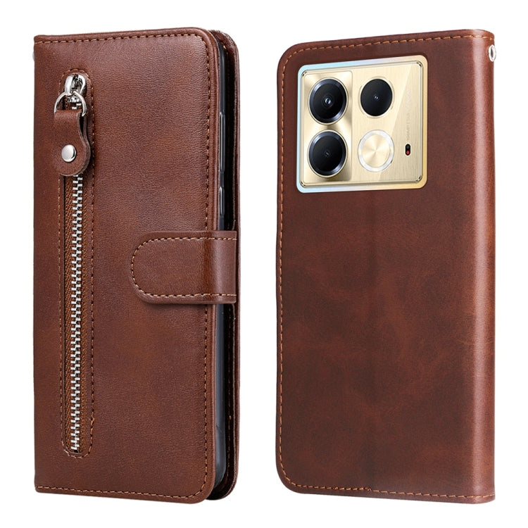 Funda de Piel Textura de Becerro con Cremallera para Infinix Note 40 5G (Marrón)