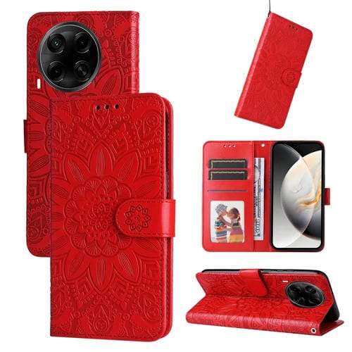 Funda de Piel con Relieve de Girasol para Tecno Camon 30S y Camon 30S Pro (Roja)