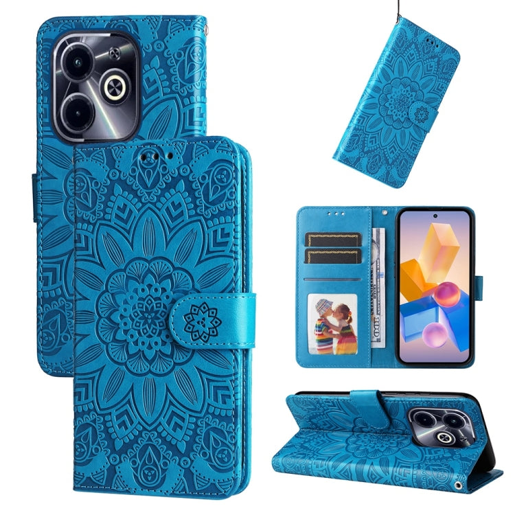 Funda de Piel con Estampado de Girasoles en Relieve para Infinix Hot 40I (Azul)