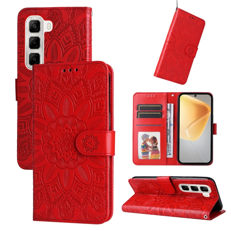 Funda de Cuero con Estampado de Girasoles en Relieve para Infinix Hot 50 4G (Rojo)