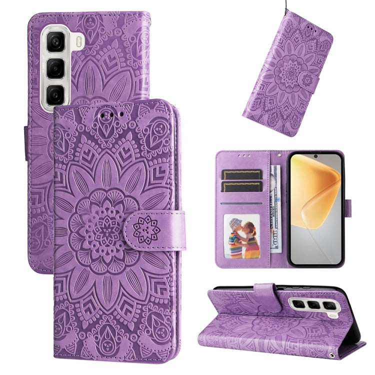 Funda de Piel con Estampado de Girasoles en Relieve para Infinix Hot 50 4G (Morado)