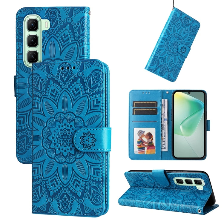 Funda de Cuero con Estampado de Girasoles En Relieve para Infinix Hot 50 5G (Azul)