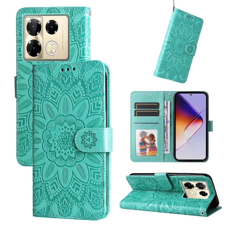 Funda de Cuero con Girasoles en Relieve para Infinix Note 40 Pro 4G/5G y Pro+ (Verde)