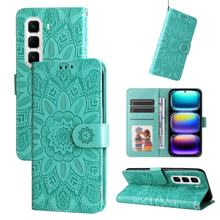 Funda de Cuero con Relieve de Girasol para Infinix Hot 50 Pro+ 4G (Verde)