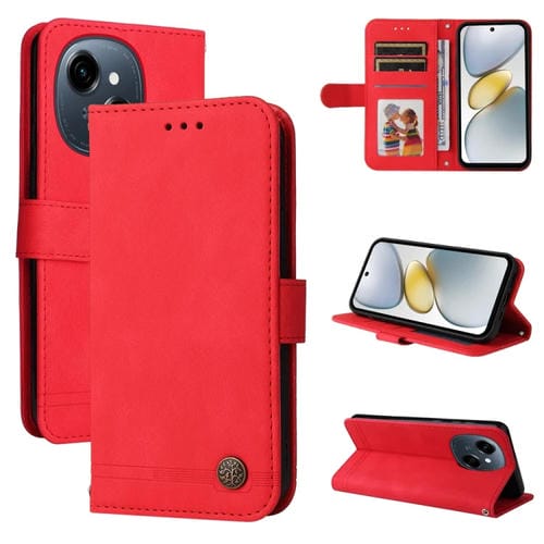 Funda de Cuero para Tecno Spark Go 1 / Pop 9 / Spark Go 2025 con Botones de Metal y Árbol de la Vida (Rojo)