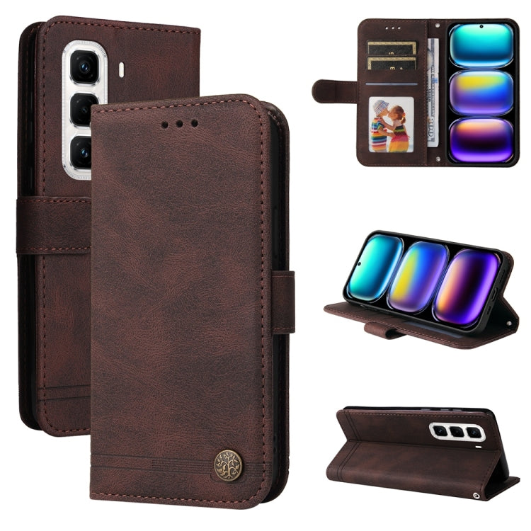 Funda de Cuero para Infinix Hot 50 Pro+ 4G con Botones de Metal y Diseño Árbol de la Vida (Marrón)