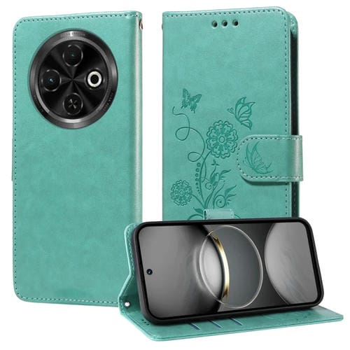 Funda de Cuero para Tecno Spark 30C con Diseño de Mariposas y Flores en Relieve (Verde)
