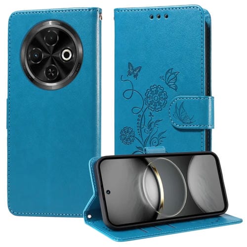 Funda de Cuero para Tecno Spark 30C con Diseño de Mariposas y Flores en Relieve (Azul)