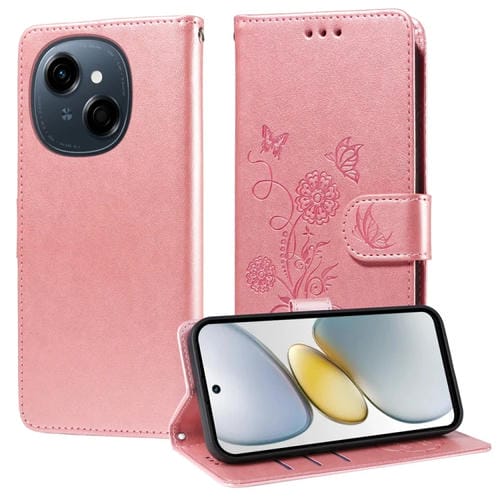 Funda de Cuero para Tecno Spark Go 1 / Pop 9 / Spark Go 2025 con Diseño Mariposas y Flores en Relieve (Oro Rosa)