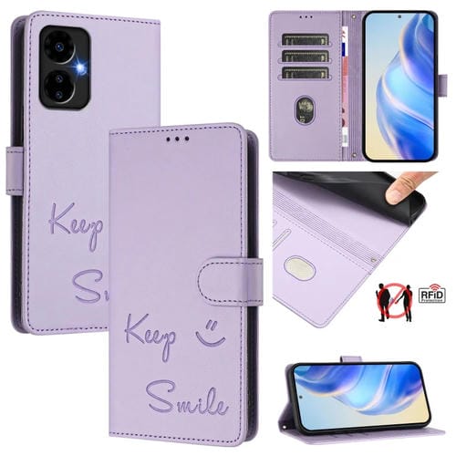 Funda de Cuero Rfid con Relieve Sonriente para Boost Mobile Celero 5G (2024) (Morado Claro)