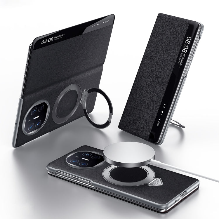Funda de Cuero con Soporte Magnético Magsafe y Ventana Smart View para Huawei Mate X5/X3 (Negro)