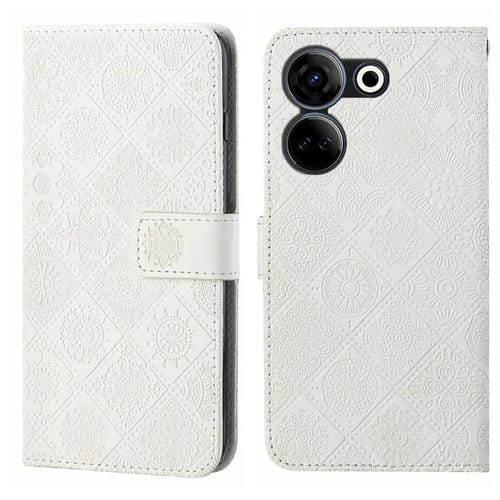 Funda de Cuero con Patrón en Relieve Étnico para Tecno Camon 20 y 20 Pro (Blanca)
