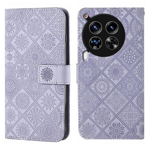 Funda de Cuero con Patrón en Relieve Estilo Étnico para Tecno Camon 30 Premier (Morado)