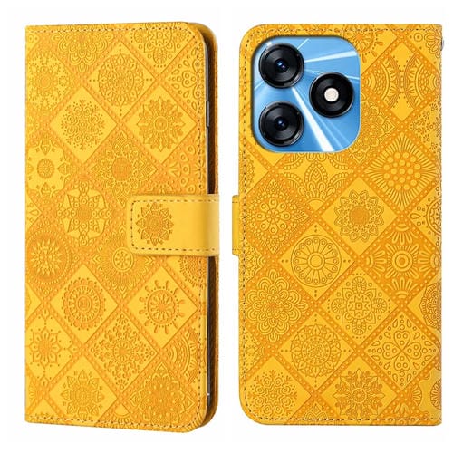 Funda de Cuero para Tecno Spark 10 y Spark 10C con Patrón Étnico en Relieve (Amarillo)