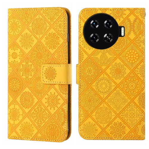 Funda de Cuero con Patrón En Relieve Estilo Étnico para Tecno Spark 20 Pro+ (Amarillo)