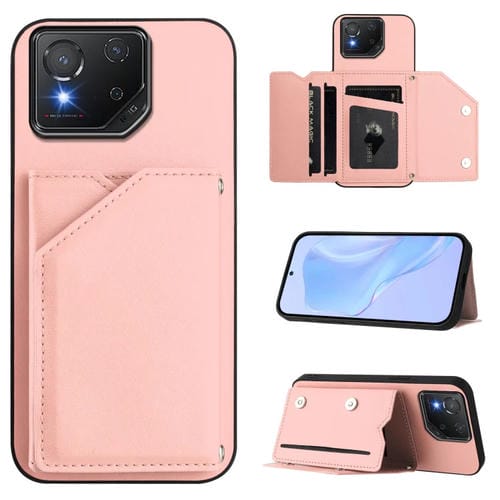 Estuche para Asus Rog Phone 8 Skin Feel con 4 Ranuras para Tarjetas y Correa para Muñeca (Rosa)
