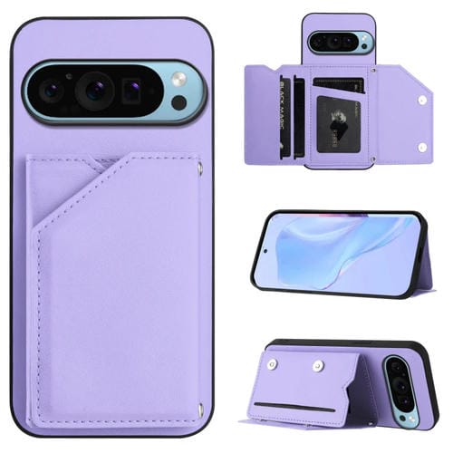 Funda para Teléfono Google Pixel 9 Skin Feel con 4 Ranuras para Tarjetas y Correa para Muñeca (Morado)