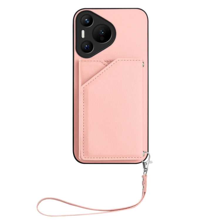 Funda para Teléfono Huawei Pura 70 Skin Feel con 4 Ranuras para Tarjetas y Correa para Muñeca (Rosa)
