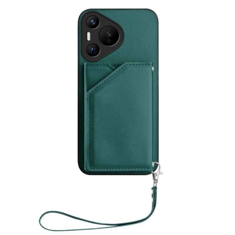 Funda para Teléfono Huawei Pura 70 Skin Feel con 4 Ranuras para Tarjetas y Correa para Muñeca (Verde)