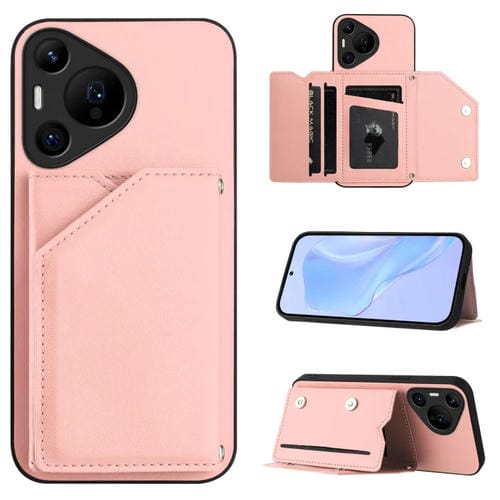 Funda para Huawei Pura 70 Pro con 4 Ranuras para Tarjetas y Correa para Muñeca (Rosa)